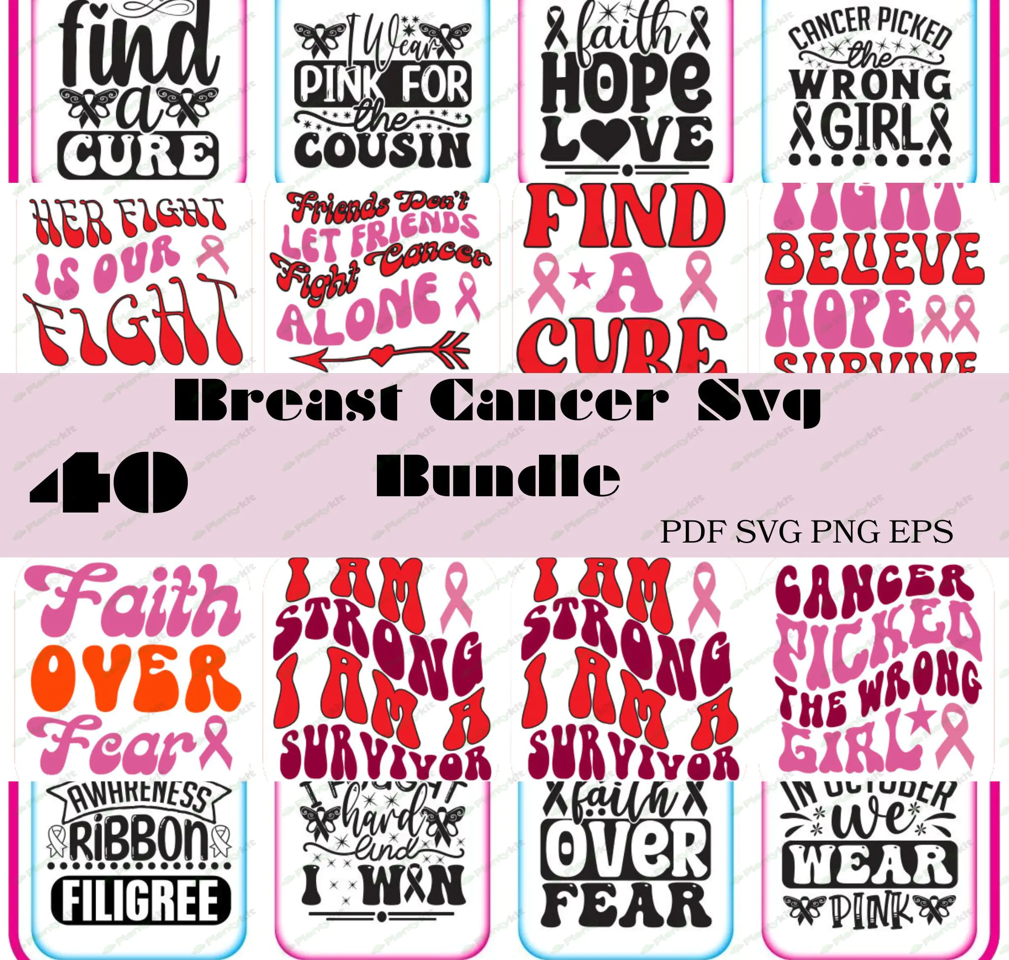 Breast Cancer SVG Bundle, Retro Breast Cancer Svg, Pink Awareness Ribbon, Tackle Cancer, Cancer
