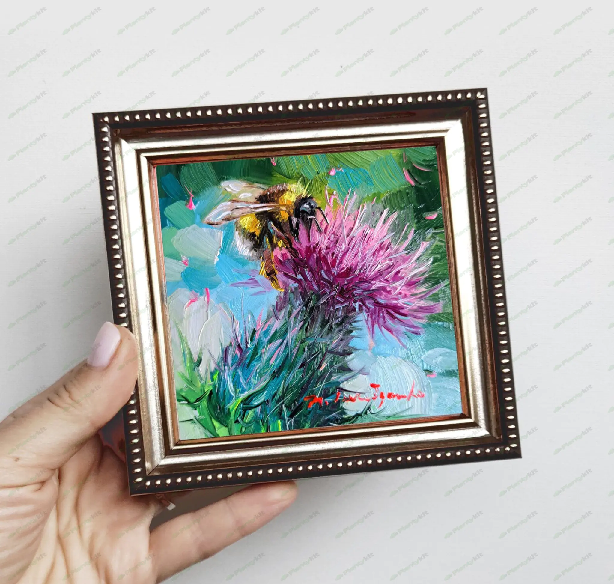 Bee oil painting original framed, Art pink flower Bee wall art in frame, Miniature painting bumblebe