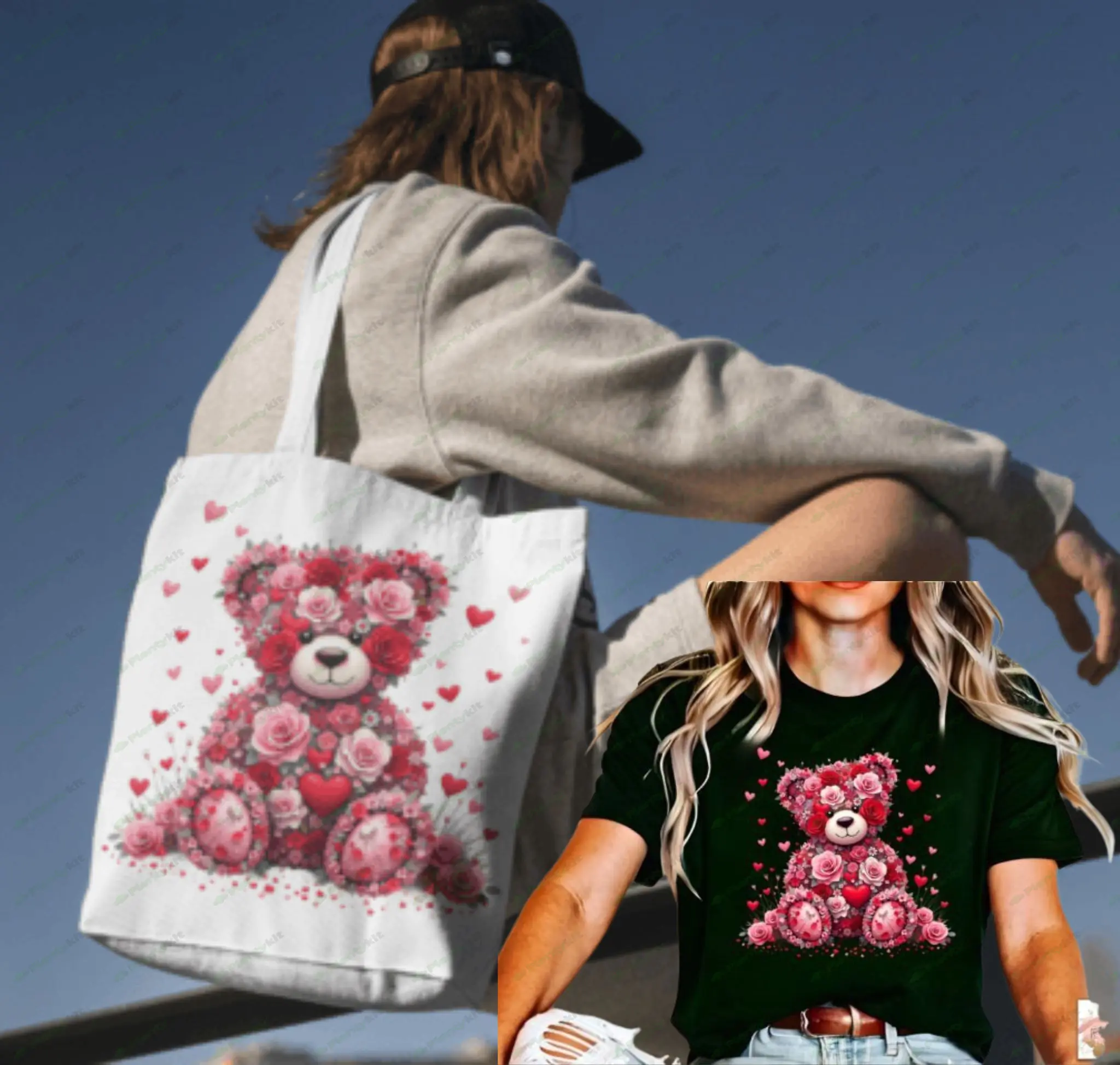 Pink Floral Valentine Teddy Bear Png