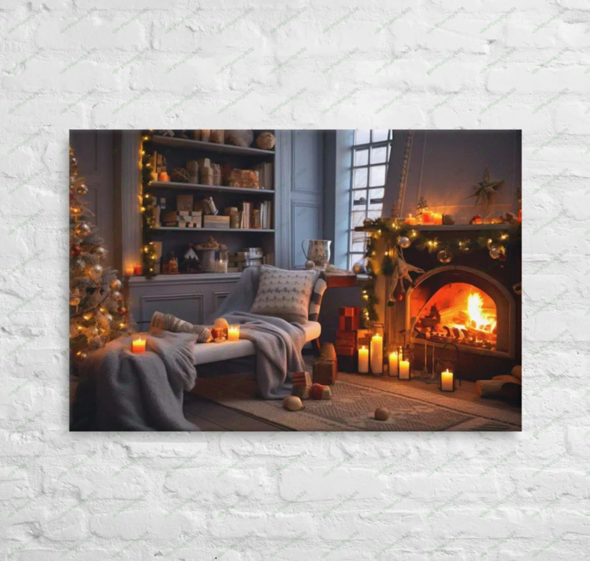 Beautifully Decorated Living Room with Christmas Ornaments and Fairy Lights | Thin Canvas - Wall Art