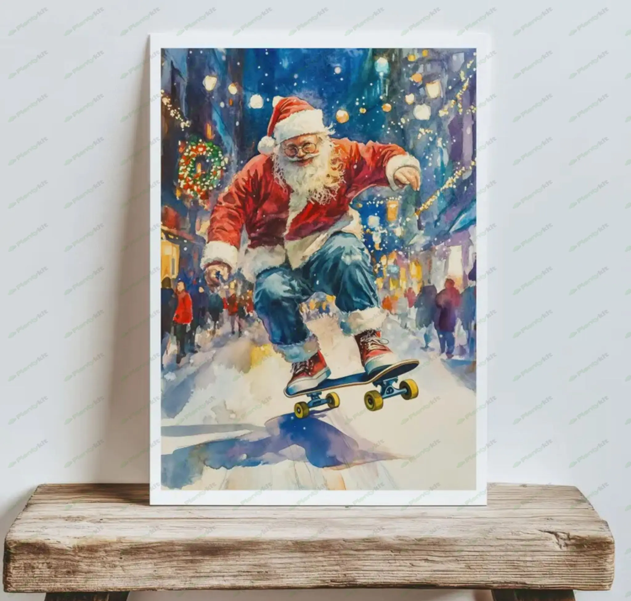 Santa Claus Skateboarding Print, Christmas Wall Art, Funny Santa Art, Holiday Printable Decor, Vinta